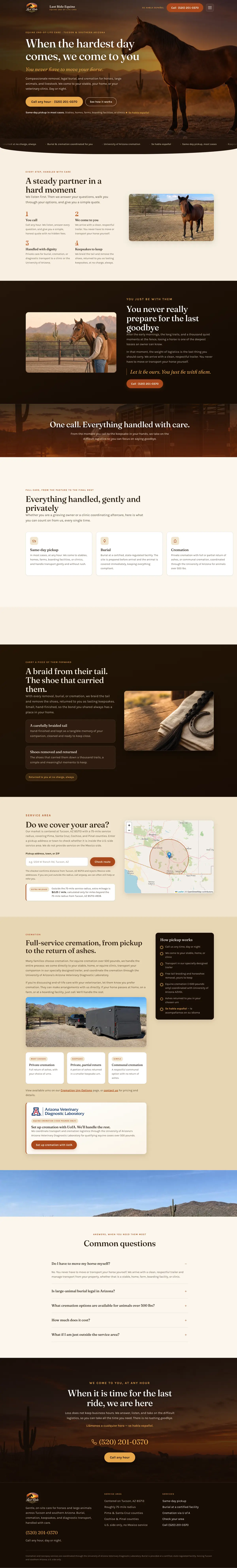 The full Last Ride Equine page on desktop, captured from top to footer