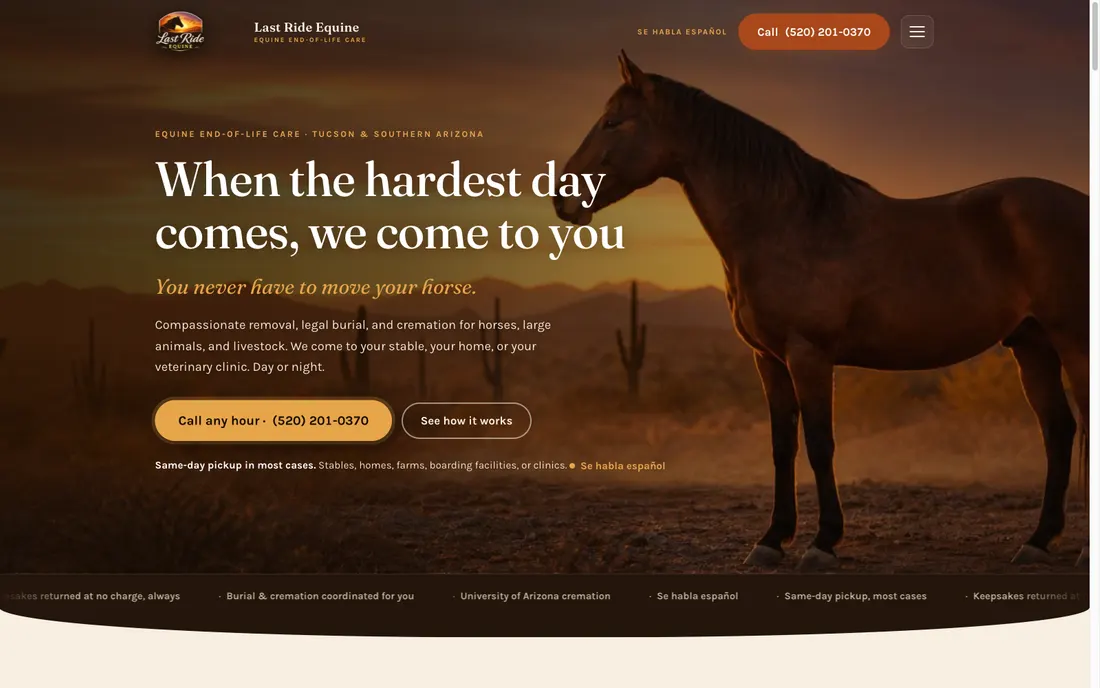 Screenshot of the Last Ride Equine website