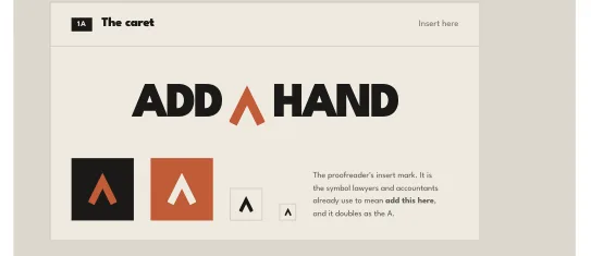 Logo exploration card from the Add a Hand project: the caret mark, ADD A HAND wordmark with icon tests